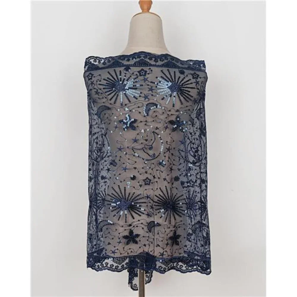 Boho Navy‎ Blue Moon & Star Sheer Mesh Sequin Embellished Shawl Wrap Scarf